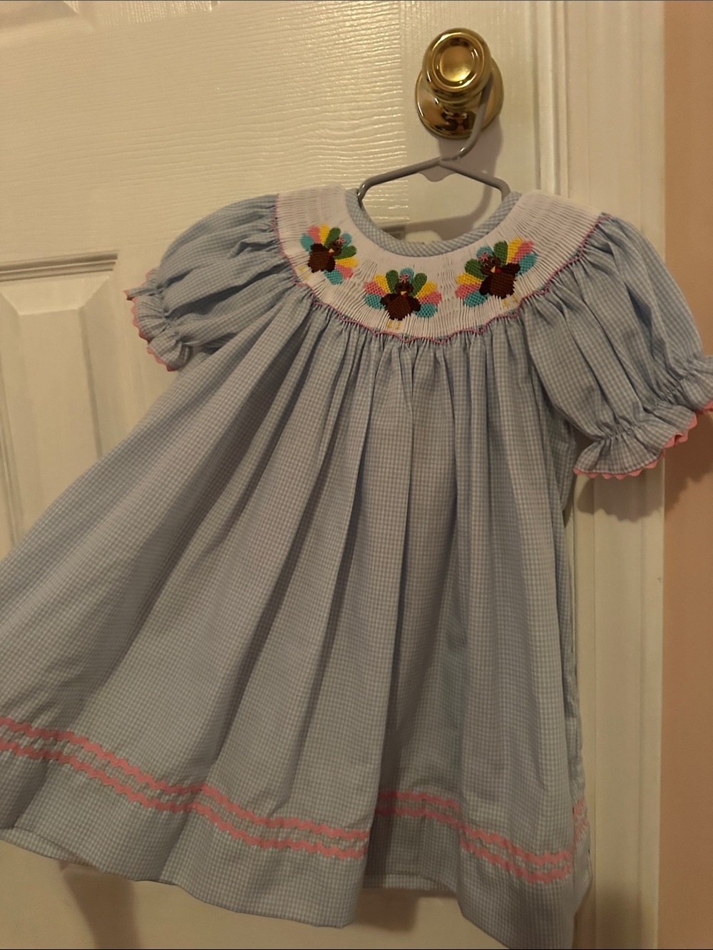 LtBlue Gingham Smocked Girls' Dress with Floral Yoke Stellybelly Thanksgiving